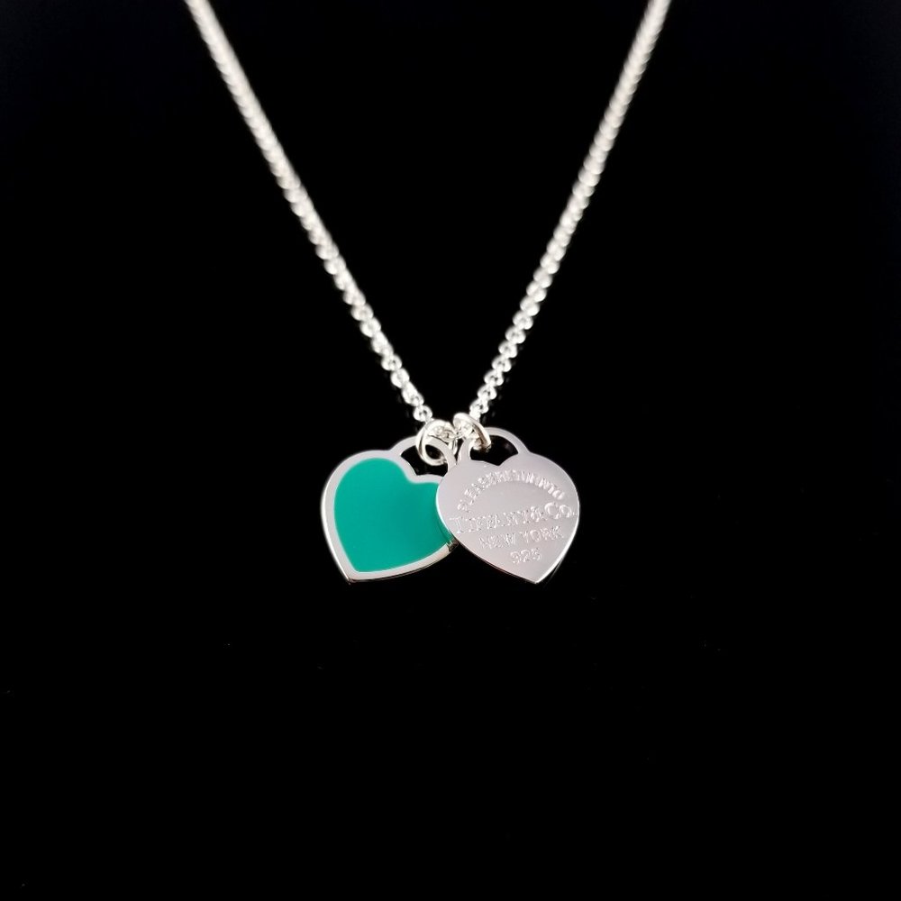 Tiffany Double Mini Blue Silver Heart Necklace 17"